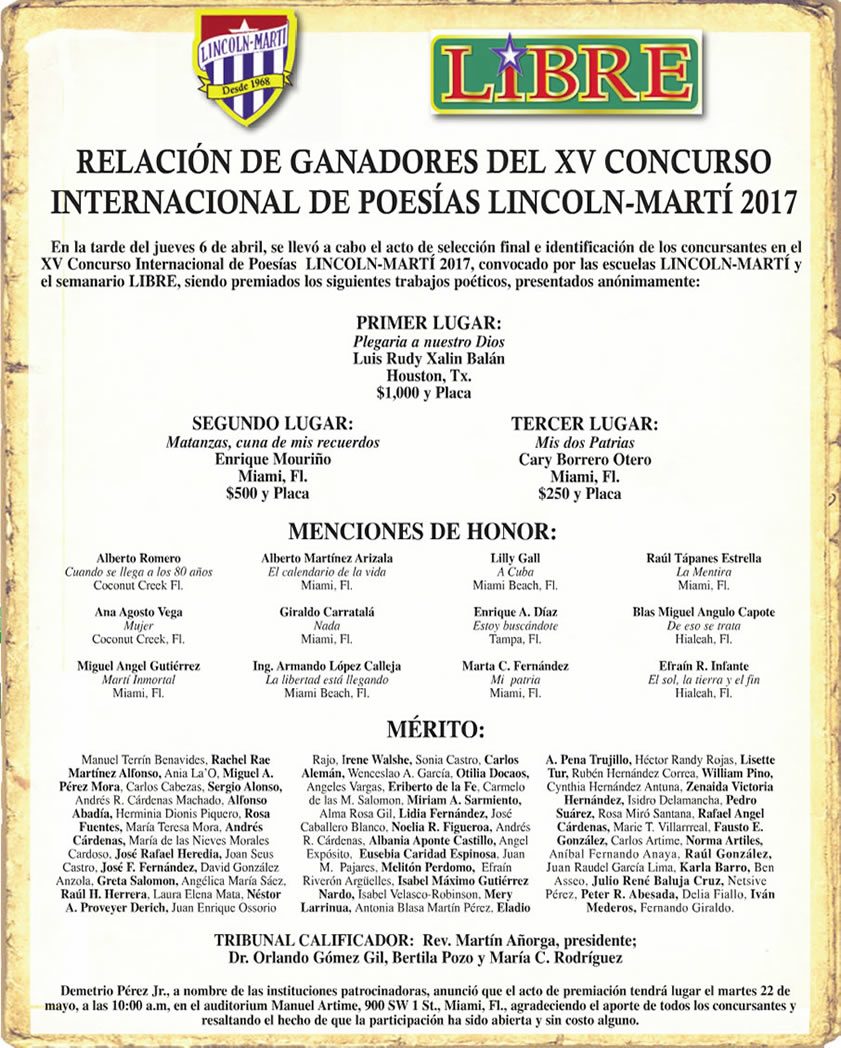 GANADORES DEL XV CONCURSO DE POESÍAS LINCOLN MARTI 2017 1 ganadores2017
